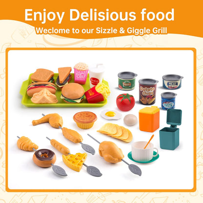 60Pcs Kids Mini Play Kitchen Accessories, Pretend Cooking Play Set with Cookware, Tableware & Fruit & BBQ Sets, Learning Gift for Boys, Girls, Toddlers,Yellow