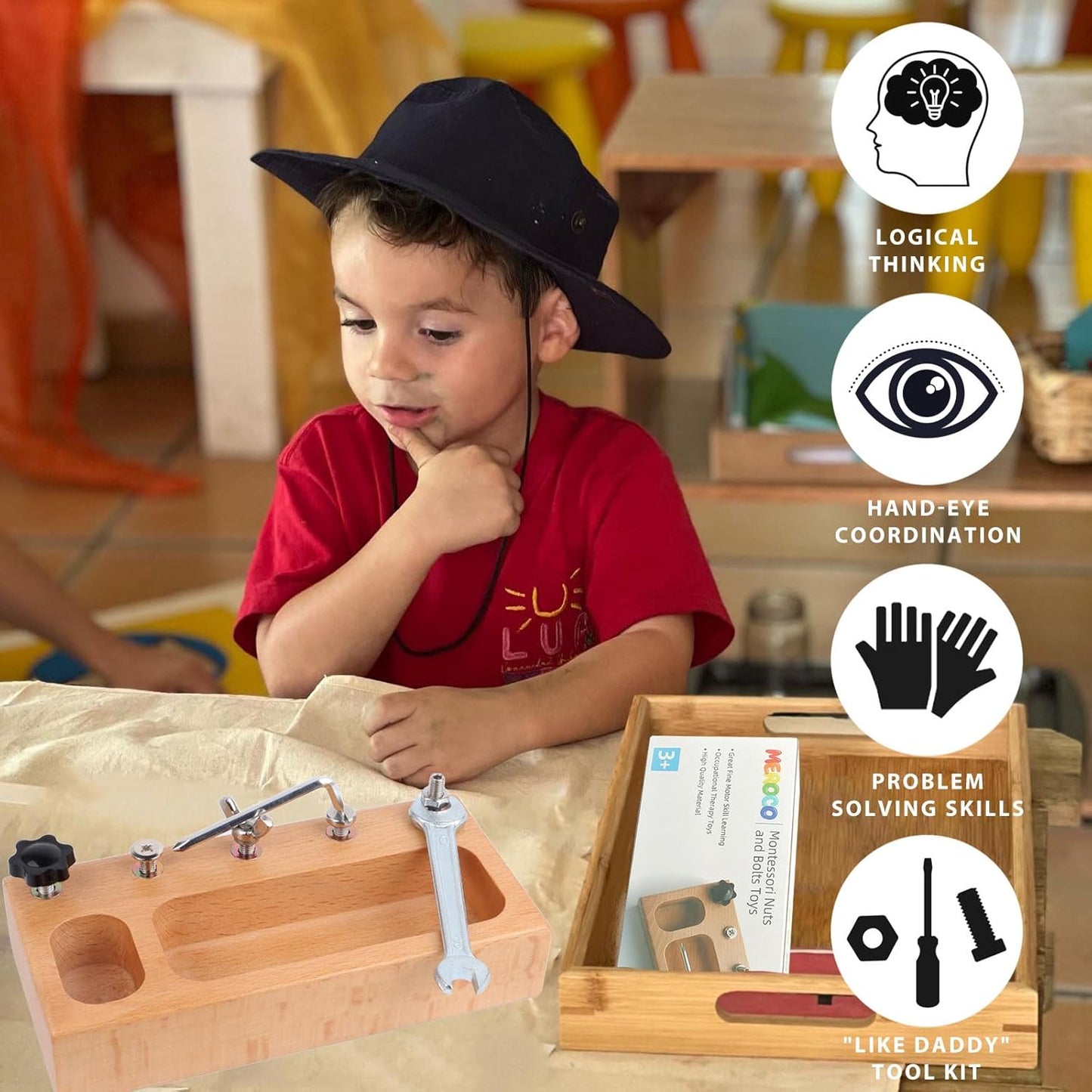 MEROCO Montessori Screwdriver Board Set for Kids 2-5 Years, Wooden Educational Learning Sensory Nuts and Bolts for Toddlers, Preschool STEM Waldorf Gift