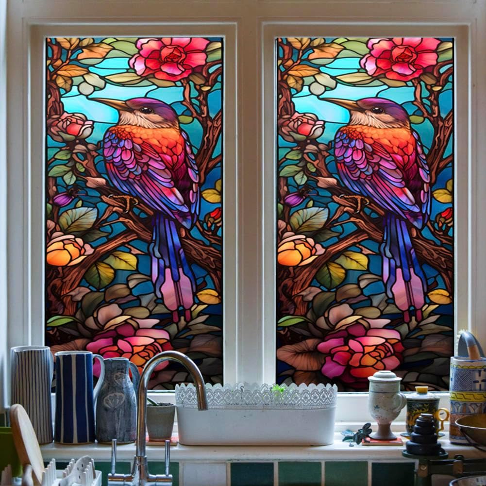 JOONOR Privacy Window Film Stained Glass Window Sticker Non-Adhesive Frosted Glass Film Decorative Magnolia Flower Pattern Static Cling Decals for Home UV Blocking/Heat Insulation 17.7 x 39.4 Inch