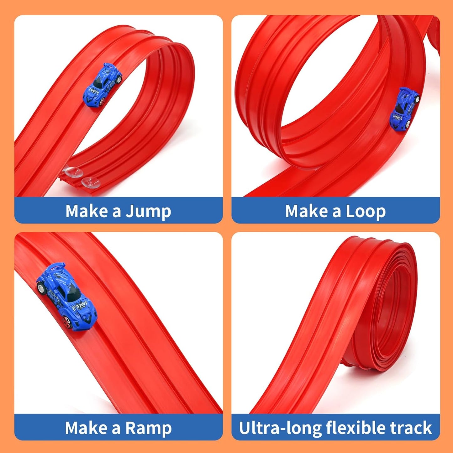 16.5ft Build Anywhere Portable Race Track with Suction Cups - Flexible Roll-Up Design Fits 1/64 Scale Cars, Portable Toy Gift for Kids 4+ Year Old (3 Tracks/Red)