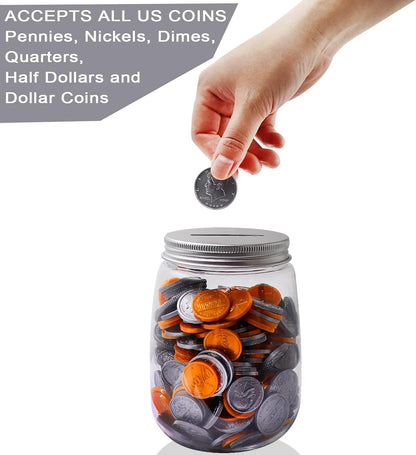 Small Clear Plastic Coin Bank Jars 4-Pack, 16oz with Silver Slotted Lids, Transparent Coin Money Piggy Banks for Adults Teens Kids
