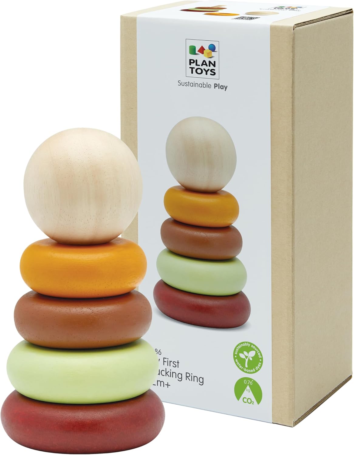 PlanToys® My First Stacking Toy Wooden Rings in Modern Rustic Shades | Montessori Fine-Motor Development Toy for Focus, Coordination & Early Learning | Eco-Friendly Educational Toy
