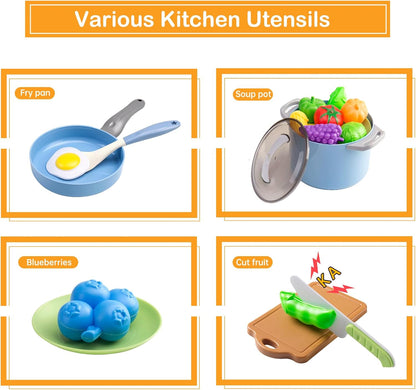 150Pcs Kitchen Playset, Toddlers Pretend Cooking Cookware Accessories, Food, Picnic Blanket, Fruits, Veges, 2Pack Shopping Storage Basket, Dessert and Prop Money, Gift for Kids (Pink)