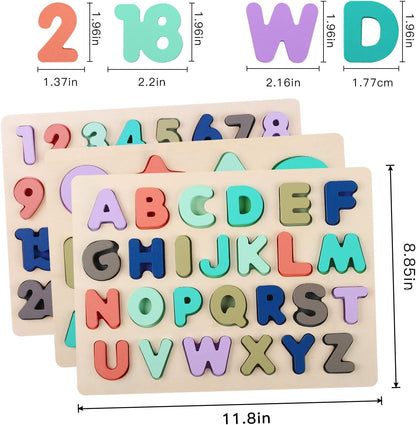 Wooden Puzzles for Toddlers, Voamuw Alphabet Number Shape Learning Puzzle for Kids Ages 3 4 5, Montessori Toys Preschool Education Chunky Jigsaw for Boys and Girls