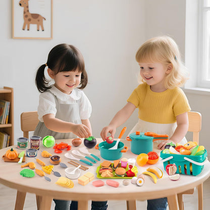 60Pcs Kids Mini Play Kitchen Accessories, Pretend Cooking Play Set with Cookware, Tableware & Fruit & BBQ Sets, Learning Gift for Boys, Girls, Toddlers,Yellow