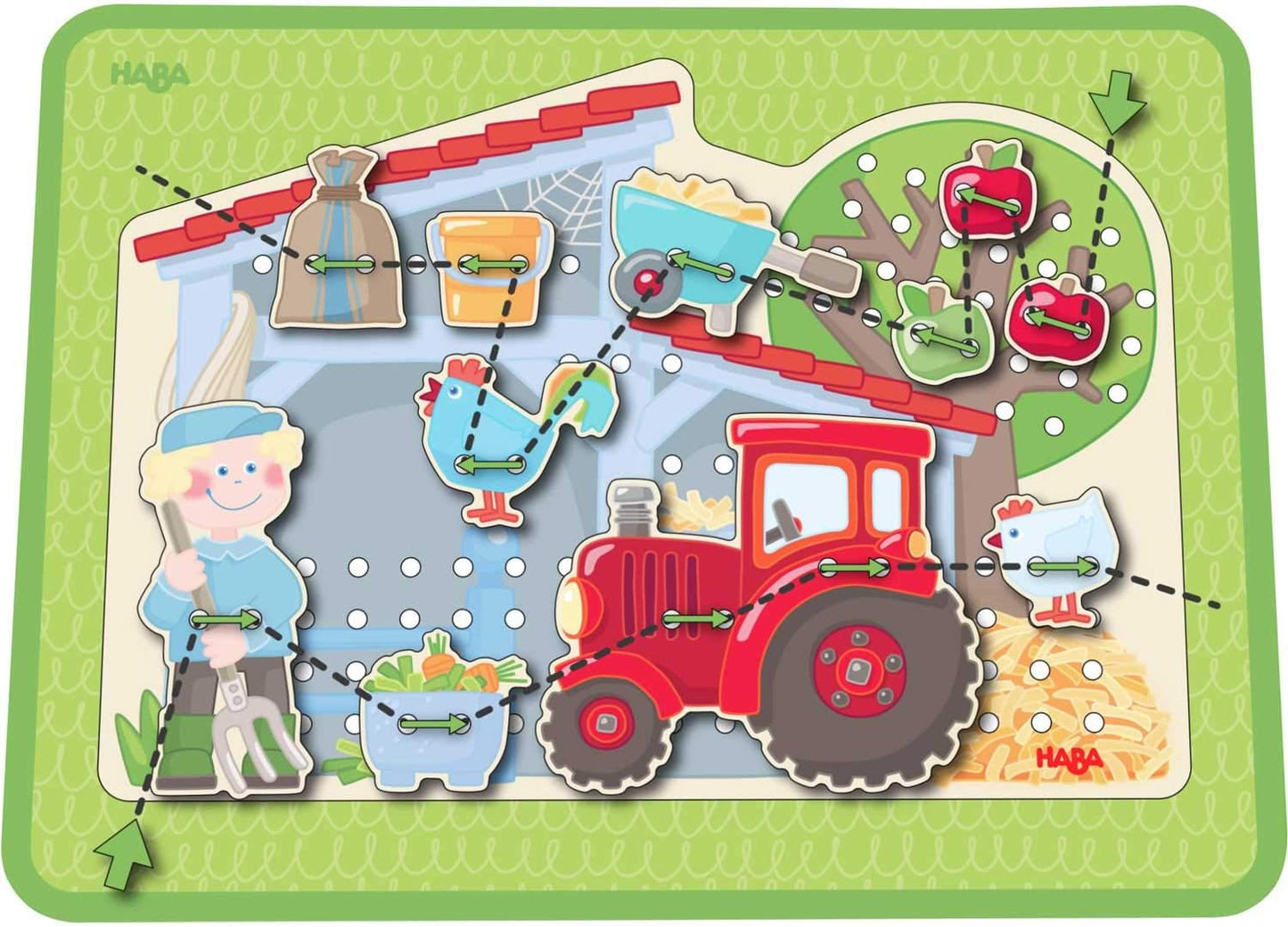 HABA Farm Threading Game with 18 Barn Yard Themed Wooden Tiles and Template Cards