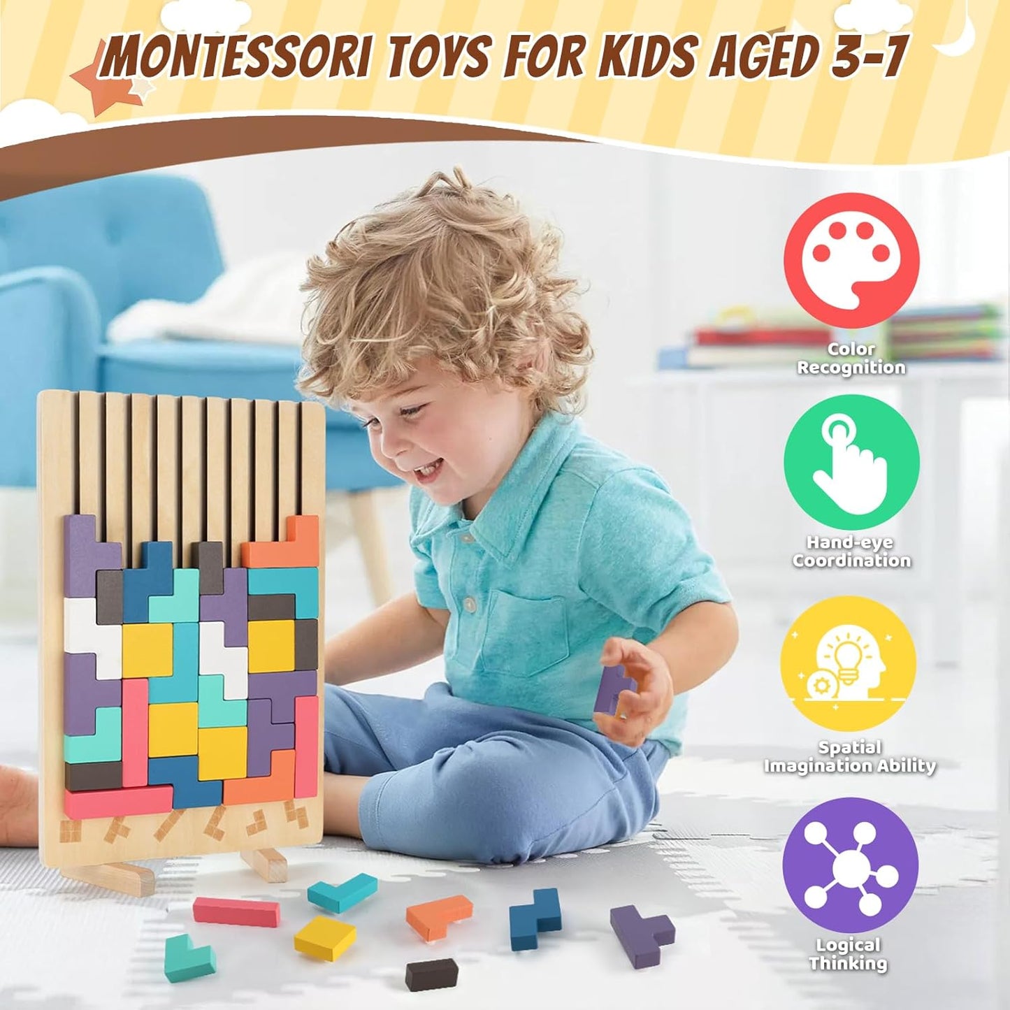 Wooden Stacking Puzzle Toy, 3D Colorful Wood Russian Blocks Puzzle Games Brain Teasers Montessori Toys for Toddler Kids 3 4 5 6 7 Years Old Boys Girls (Colorful B)