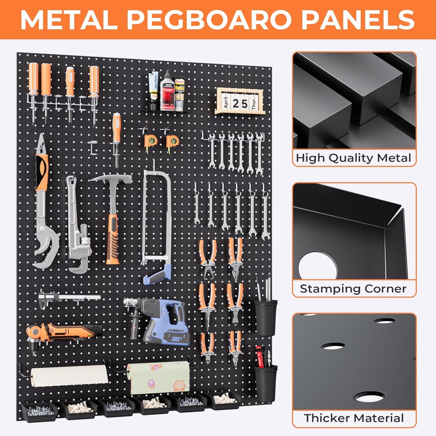INCLY 48x24 Inch Metal Peg Board Kit with 1/4" Pegboard Hooks Accessories, 4PCS Pegboard Panels and 156PCS Black Pegboard Wall Organizer Tool Storage System for Garage Workbench Shed