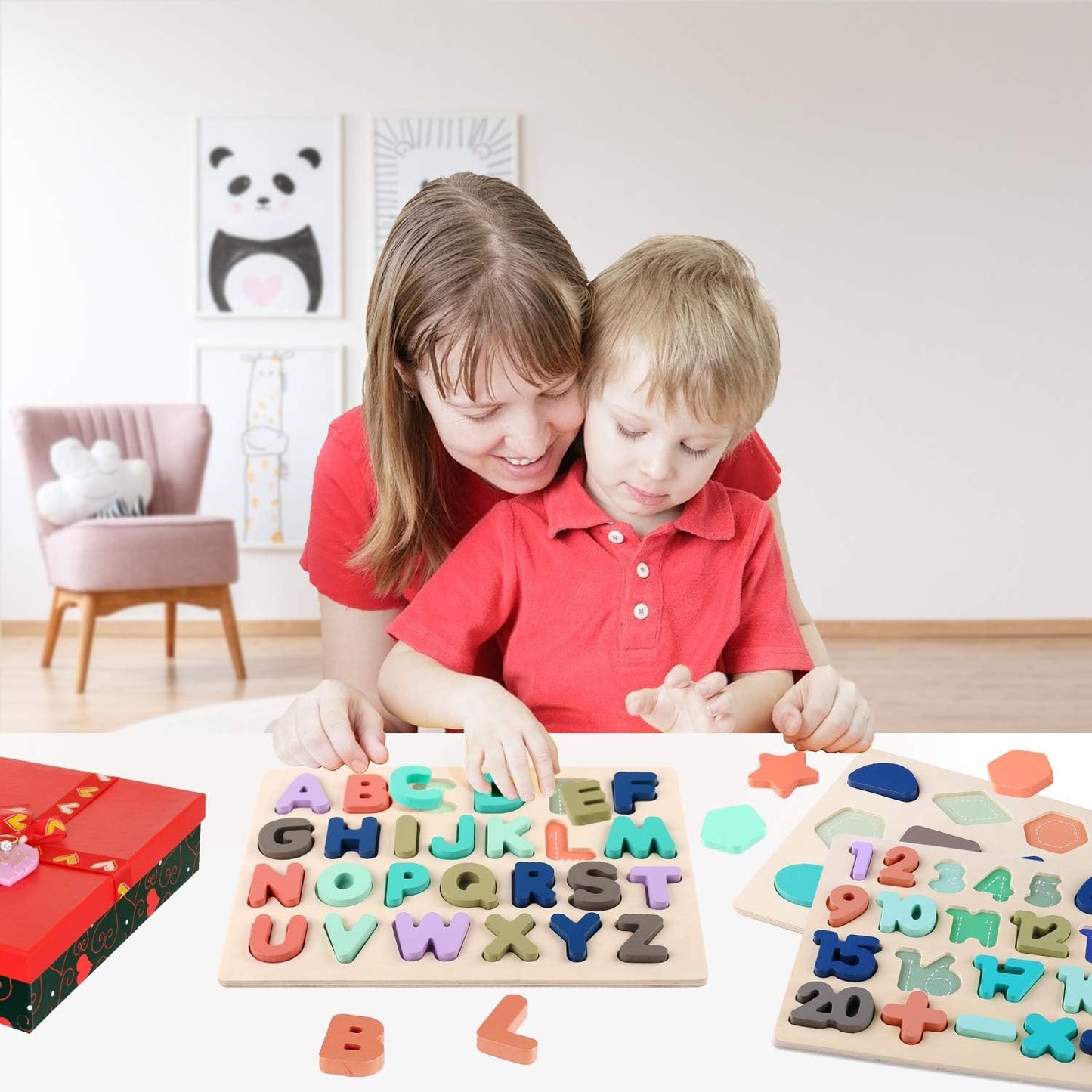 Wooden Puzzles for Toddlers, Voamuw Alphabet Number Shape Learning Puzzle for Kids Ages 3 4 5, Montessori Toys Preschool Education Chunky Jigsaw for Boys and Girls