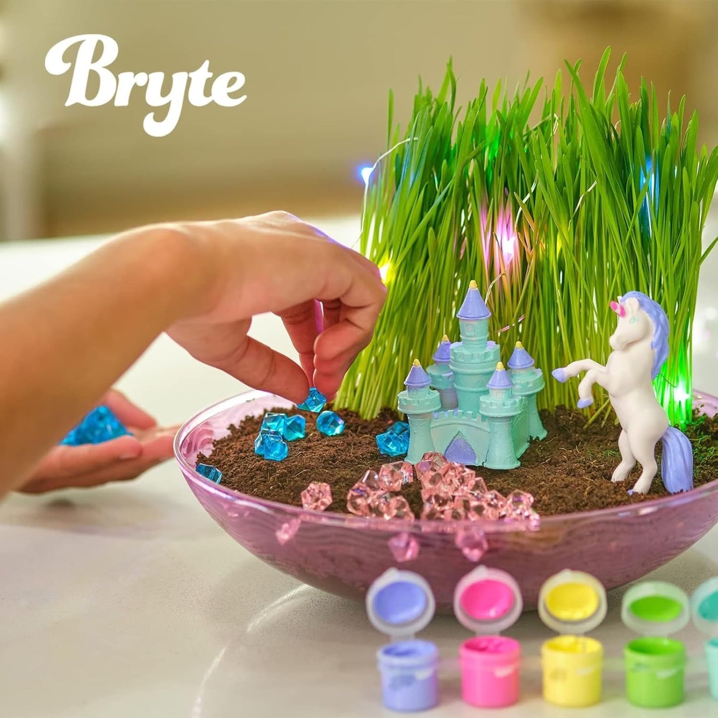 BRYTE Light Up Unicorn Terrarium Kit - Blue & Pink Round Plastic Dome, Ages 4-12 - Fairy Garden Kids Kit with Seeds & Terrarium Rock