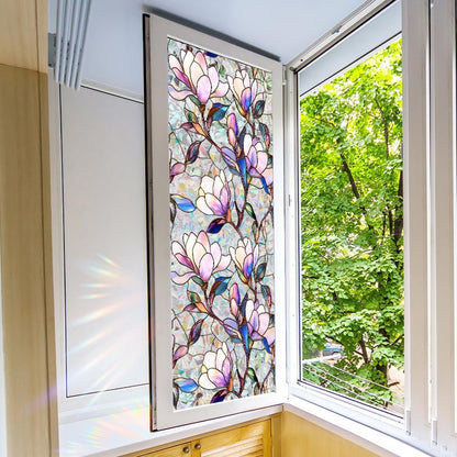 Flower Stained Glass Window Film Decorative Static Cling Stickers Sun Blocking Privacy Decals for Home Car White Lily