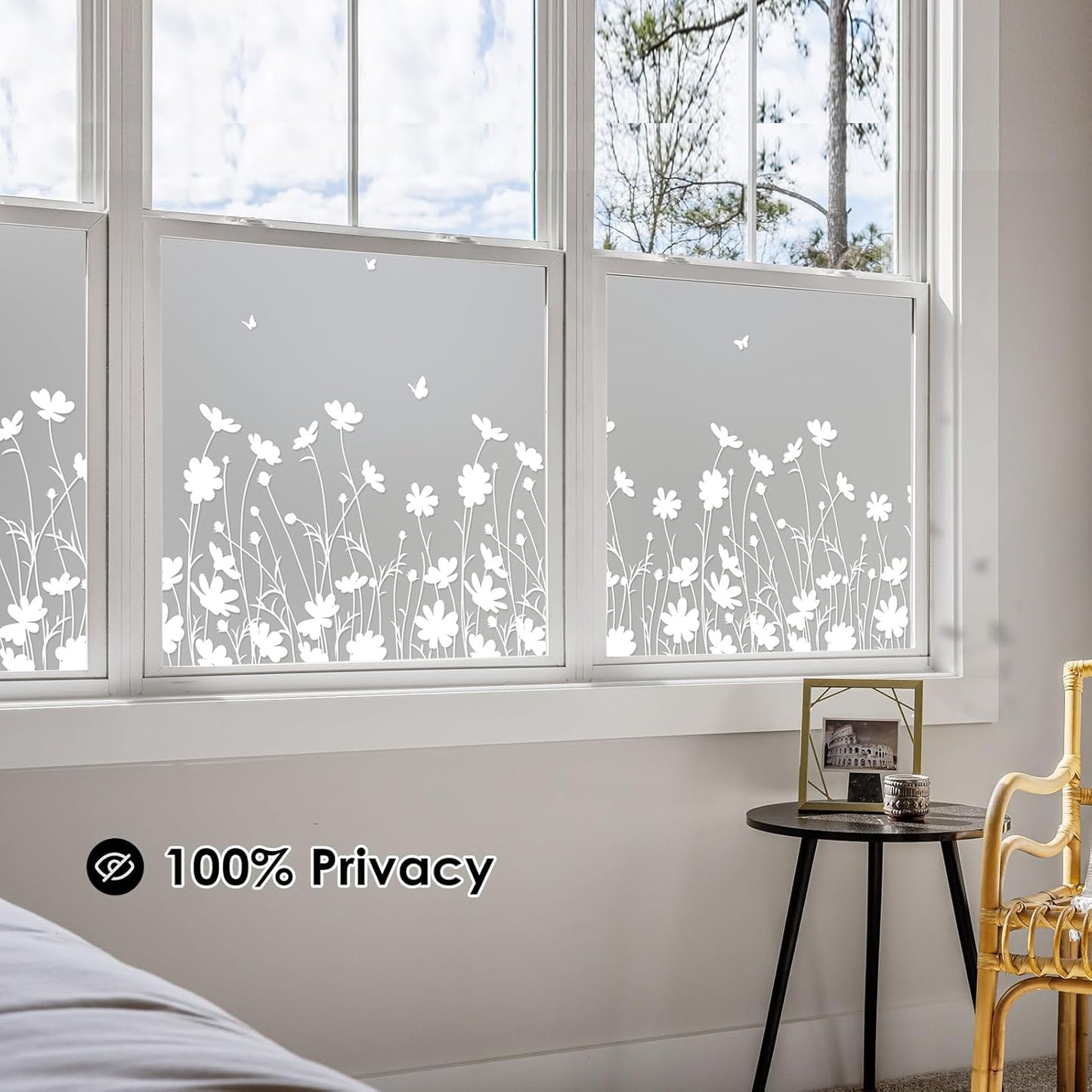 DKTIE Window Privacy Film Flowers Pure White Pattern Stained Glass Window Film Decorative Frosted Glass Window Film Sun Blocking Heat Control Static Cling (A274, 17.5" x 78.7")