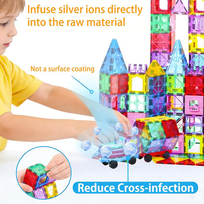 Upgraded Antibacterial Magnetic Tiles - 106 PCS Magnet Building Tiles with 2 Cars for Kids, Inhibits Bacterial Growth for Safe Play, 3D STEM Educational Construction Blocks & Xmas Gift
