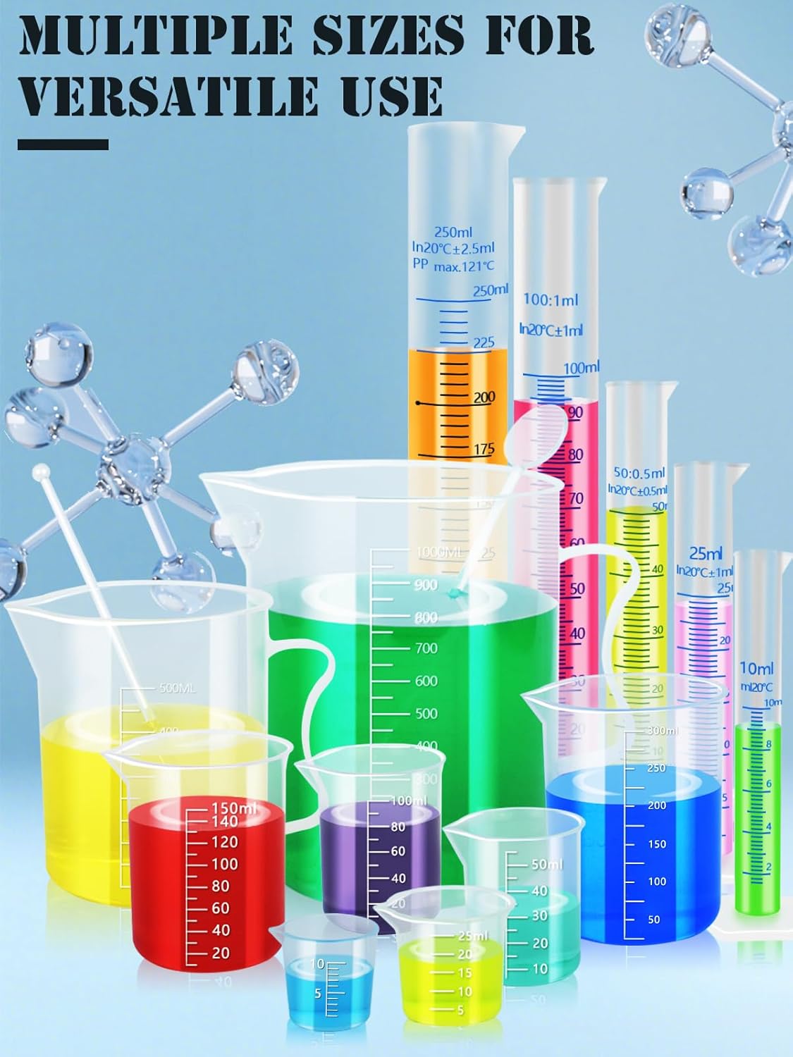 Artcome Plastic Graduated Cylinders and Beakers with 5 Pipettes, 10/25/50/100/250ml Cylinders, 10/25/50/100/150/250/500/1000ml Beakers, 5 Stirring Rods – Ideal for Science Lab, DIY, Halloween Decor
