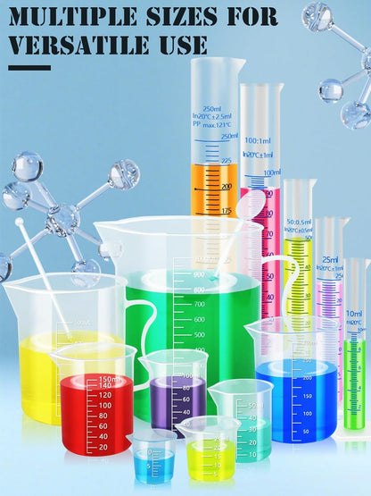 Artcome Plastic Graduated Cylinders and Beakers with 5 Pipettes, 10/25/50/100/250ml Cylinders, 10/25/50/100/150/250/500/1000ml Beakers, 5 Stirring Rods – Ideal for Science Lab, DIY, Halloween Decor