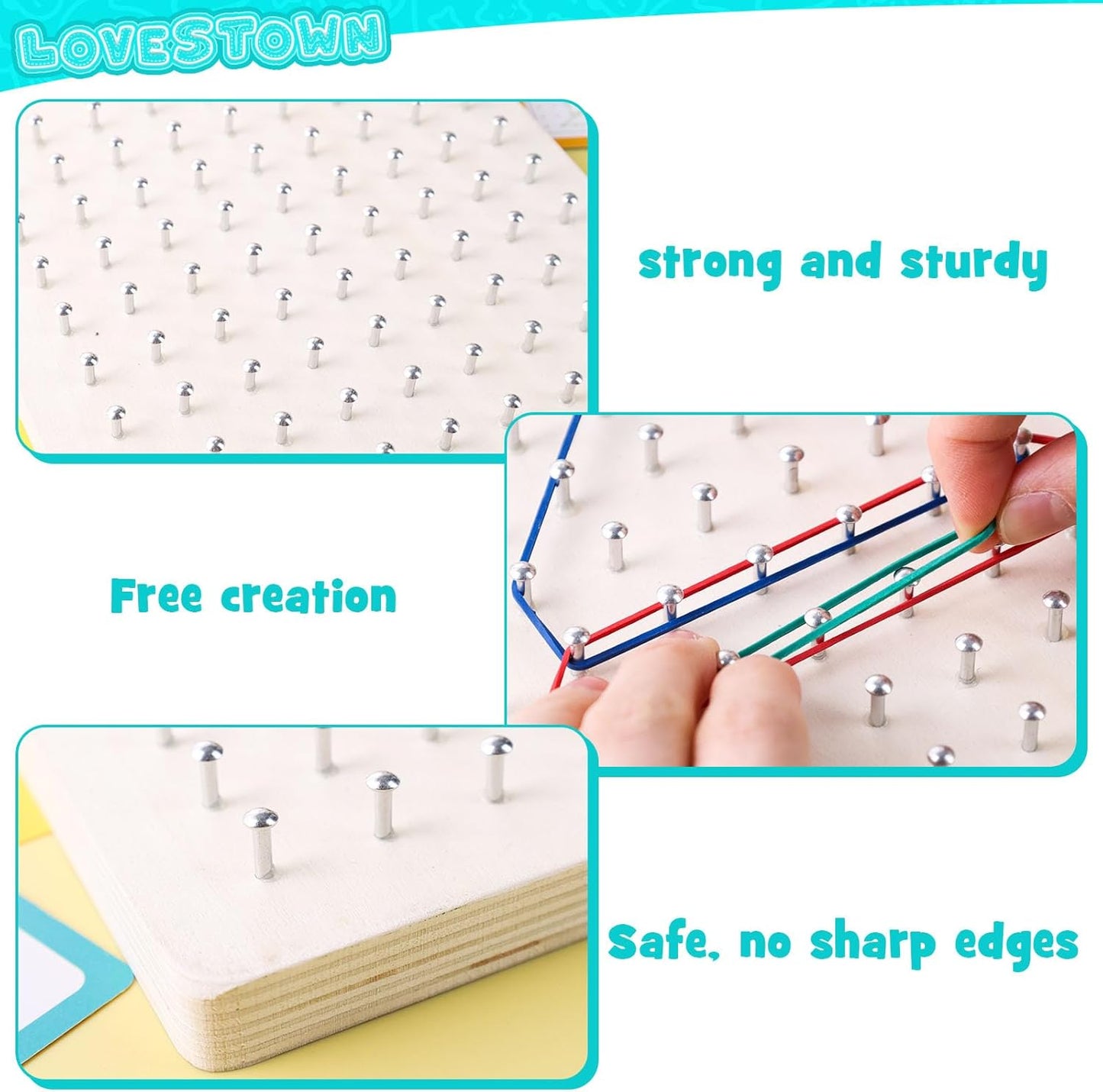 LovesTown Wooden Geoboard Montessori Toys for Kids Graphical Geo Board with Rubber Bands Educational Brain Teaser Toys for Boys Girls