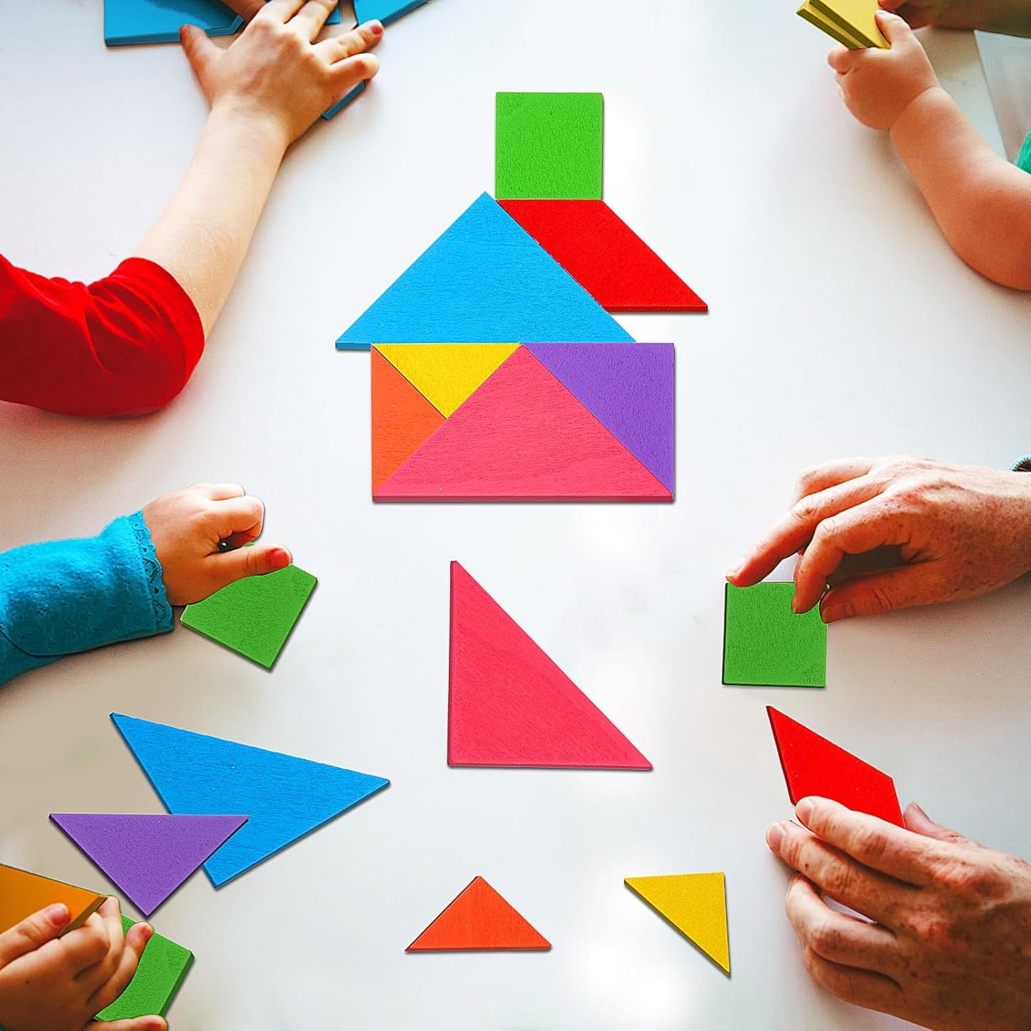 Soulchen 100 Pack Wooden Tangrams Puzzles Bulk for Student Shapes Puzzle Brain Logic Block for Tangram Game Geometric Pattern Block Toy Birthday Party Goody Bag Stuffers Educational Gifts for Adults
