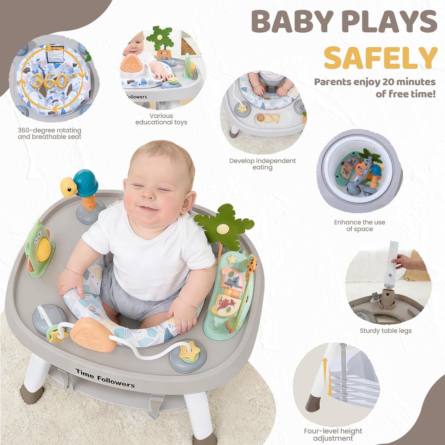 Time Followers® 6-in-1 Baby Activity Center | 4 Stage Montessori-Inspired Toys | Grow Stationary Standing Toddler Table | Jumpers & Bouncers | Must Have for Boy & Girl 6, 12, 24+ Month Old (White)