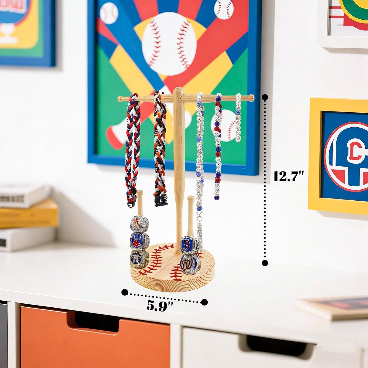 rain bunny Wooden Baseball or Softball Drip Necklace Organizer Holder, Championship Ring Display Holder, Softball Ring Holder, Drip Necklace Baseball Display Gift (Walnut Red)