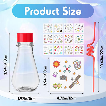 Jingmore 36 Pcs Science Party Theme Cups Set with Silly Loop Straws Science Stickers Plastic Reusable Small Conical Flask Bottles Test Tubes for Birthday Party Decorations(Spherical Bottles)