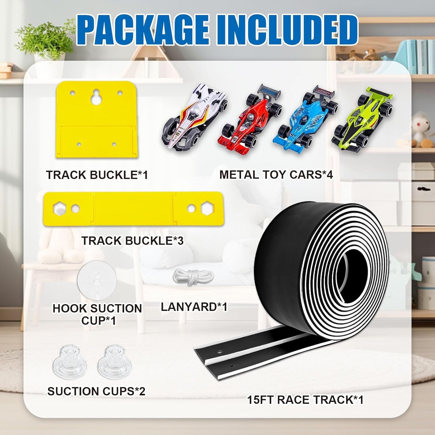 Flexible Race Track Toys for Kids, 15 Ft Double Lane Racetrack with 4 Cars & Suction Cups, Compatible with Hot Wheels & 1/64 Diecast Cars, Portable Roll Up Car Ramp Track Set for Ages 3+(Yellow&Blue)