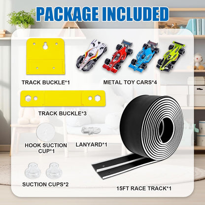 Flexible Race Track Toys for Kids, 15 Ft Double Lane Racetrack with 4 Cars & Suction Cups, Compatible with Hot Wheels & 1/64 Diecast Cars, Portable Roll Up Car Ramp Track Set for Ages 3+(Yellow&Blue)