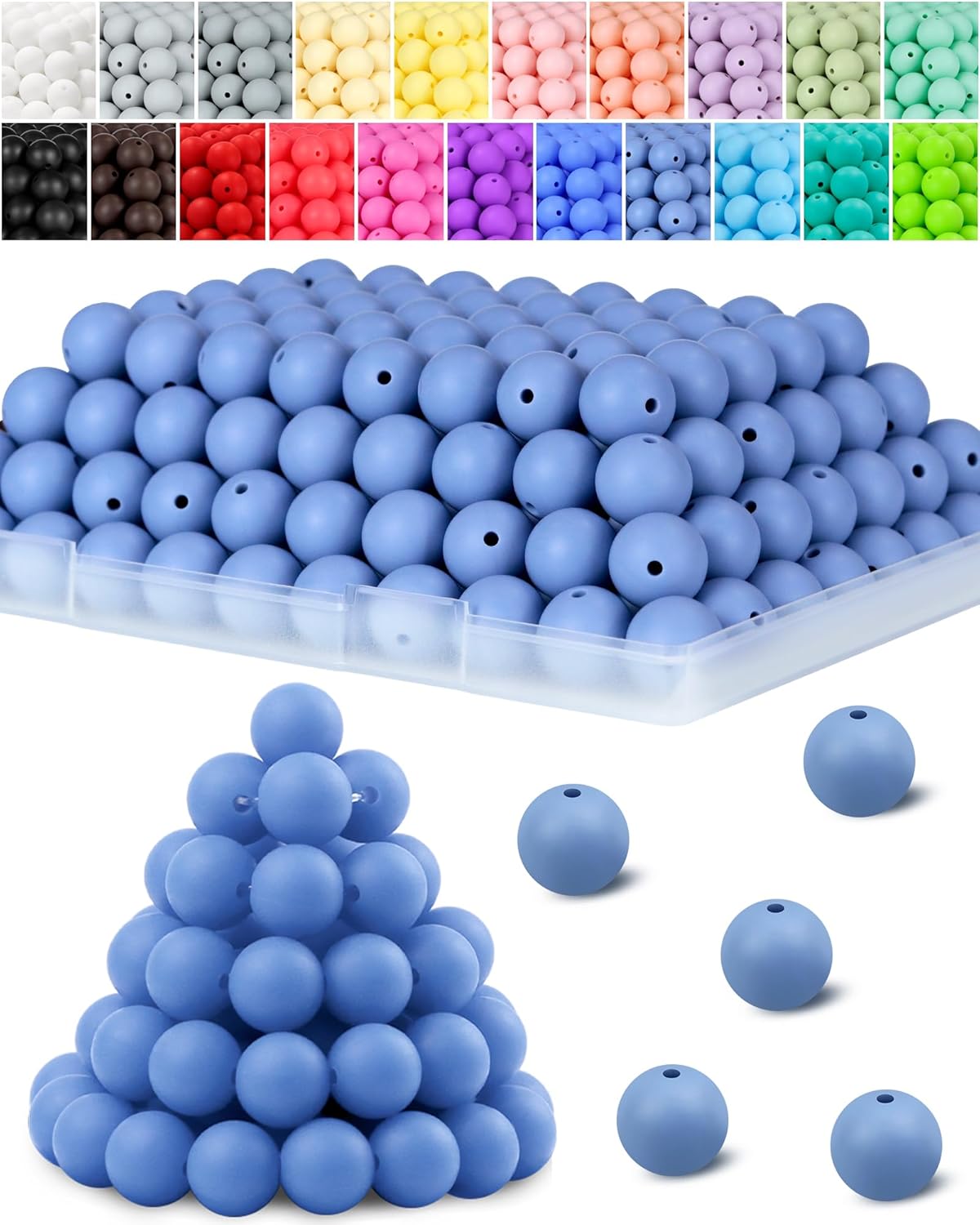 120PCS FIVEIZERO Silicone Beads for Keychain Making, 15mm Glacier Gray Round Silicone Rubber Focal Beads Bulk for DIY Crafts, Bracelets, Necklaces, and Pens