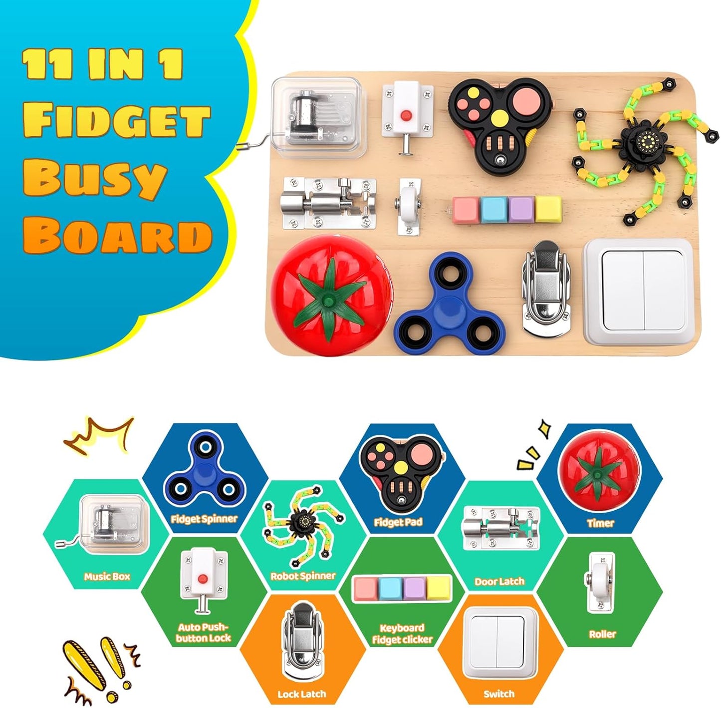 Umnodobn Montessori Busy Board for Toddlers, 11-in-1 Sensory Learning Travel-Friendly Activity Board, Fine Motor Skills Toy, Screen, Birthday Holiday Presents for Boys Girls 3+ Years Old