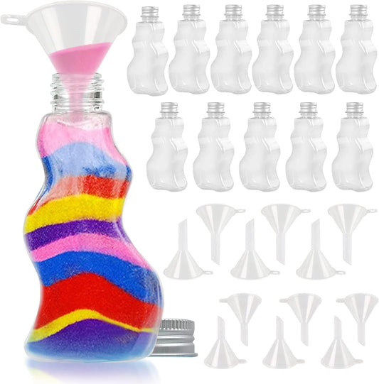 JJ CARE Sand Art Bottles [12 Wave-Shaped Sand Bottles + 6 Small & 6 Large Funnels] Craft Sand Art Kit for Kids 3 Years Above, Non-Toxic Rangoli Color Art Bulk