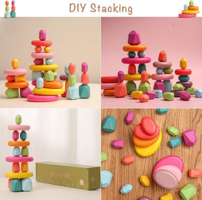 OESSUF Stacking Rocks 48Pcs Stacking Blocks Balancing Stacking Stones Wooden Building Toys Wood Stone Stacking Game for Toddler Sorting Preschool Educational Montessori Stacking Rocks for Kids