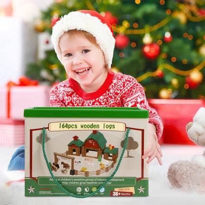 Wondertoys 208 Pcs Wooden Log Set - Classic Building Logs Ages 3+ - Best Retro Building Gift Set for Boys - Creative Construction Engineering Educational Gifts
