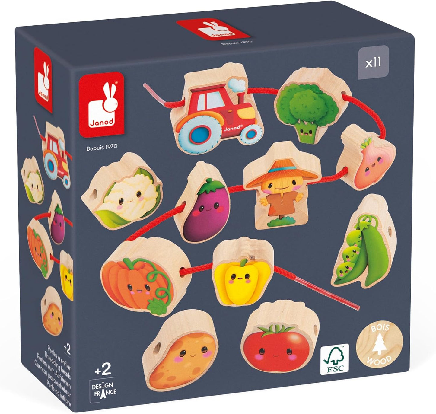 Janod - Stringable Farm-Themed Wooden Beads Set 11 Pieces - Designing Custom Jewelry - Imagination Development - Boosts Creativity and Motor Skills - Encourages Imaginative Play