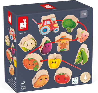 Janod - Stringable Farm-Themed Wooden Beads Set 11 Pieces - Designing Custom Jewelry - Imagination Development - Boosts Creativity and Motor Skills - Encourages Imaginative Play