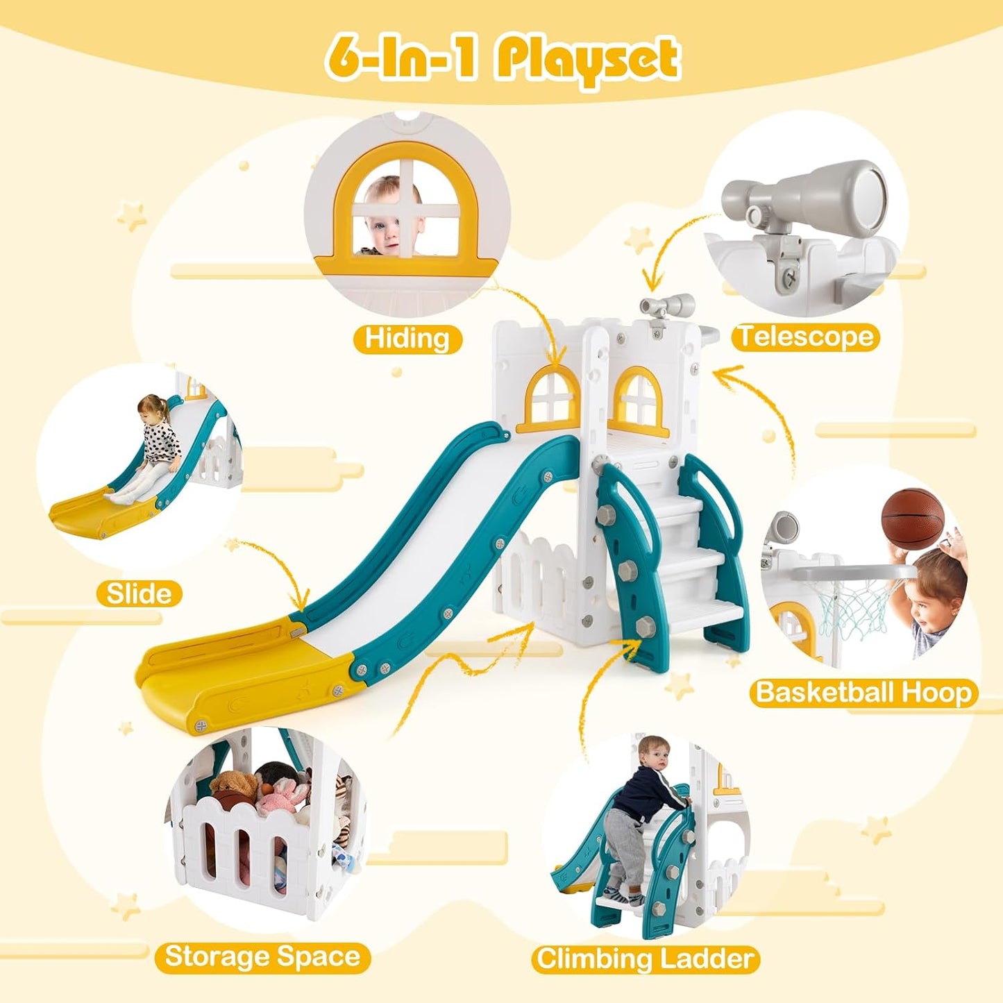 BABY JOY Toddler Slide, 6-in-1 Indoor Kids Slide Playset with Basketball Hoop, Telescope, Climbing Ladder & Storage Space, Freestanding Playhouse & Climber for Kids Aged 1-3 (Pink)