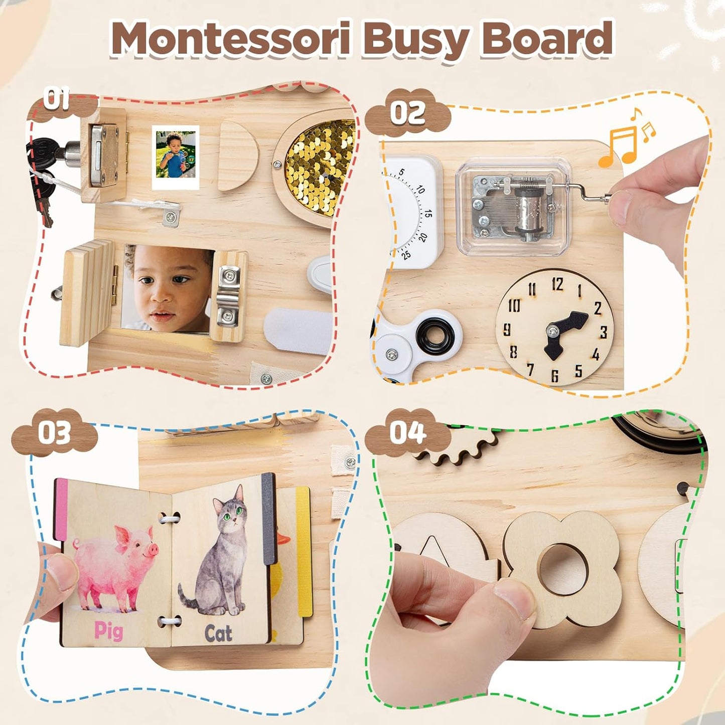 Montessori Large Busy Board for 1 2 3 4,Wooden Sensory Activity Toys,Fine Motor Skills & Early Learning for Toddler Baby Boys Girls Gifts for ADHD & Autistic Kids Children