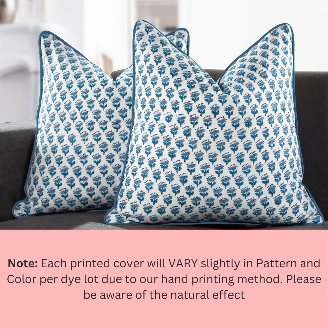 CPC 100% Cotton Throw Pillow Covers 18x18 Inch, Set of 2 Green Block Print Pattern Couch Pillow, Cute Boho Decorative Pillows for Living Room, Bedroom with Hidden Zipper- Agate Green