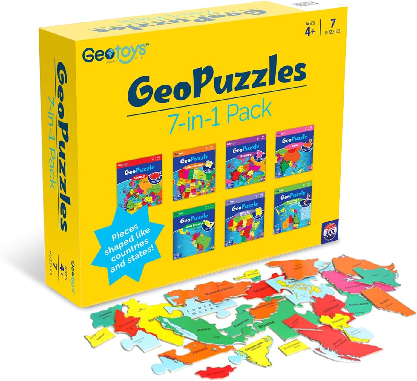 GeoToys GeoPuzzle, World Jigsaw Puzzles, 68 Pc Geography Game & Map Puzzle, Educational Games & Kids Learning Activities, Puzzle Gifts for Children Ages 6-9, Fun Learning Toys for Kids