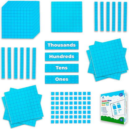 Simply magic 131+4 PCS Jumbo Blue Magnetic Base Ten Blocks for Math + Headings - Math Manipulatives, Base 10 Blocks, Place Value Manipulatives Magnets, Counters for Kids, Classroom Must Haves