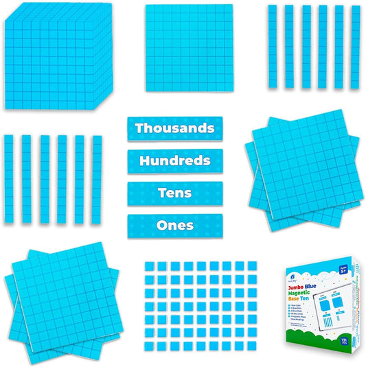 Simply magic 131+4 PCS Jumbo Blue Magnetic Base Ten Blocks for Math + Headings - Math Manipulatives, Base 10 Blocks, Place Value Manipulatives Magnets, Counters for Kids, Classroom Must Haves
