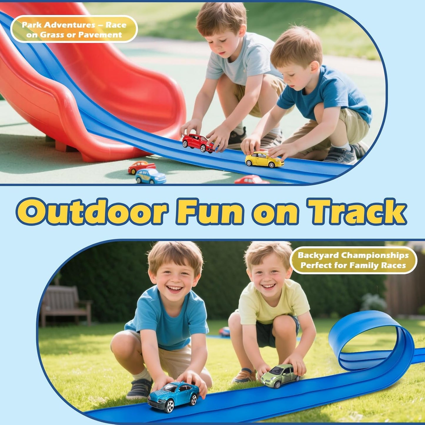 Flex Tracks 15 Ft Starter Set Flexible Race Track for Kids 3+, Flexible Car Track Race Car Ramp Track Compatible with Diecast 1/64th Cars, Portable Rolls Up Race Tracks with Strong Suction Cups