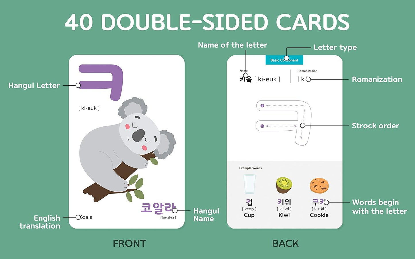 40 Korean Flash Cards – 4x6 Dry Erase Hangul Flashcards (Gift Box)