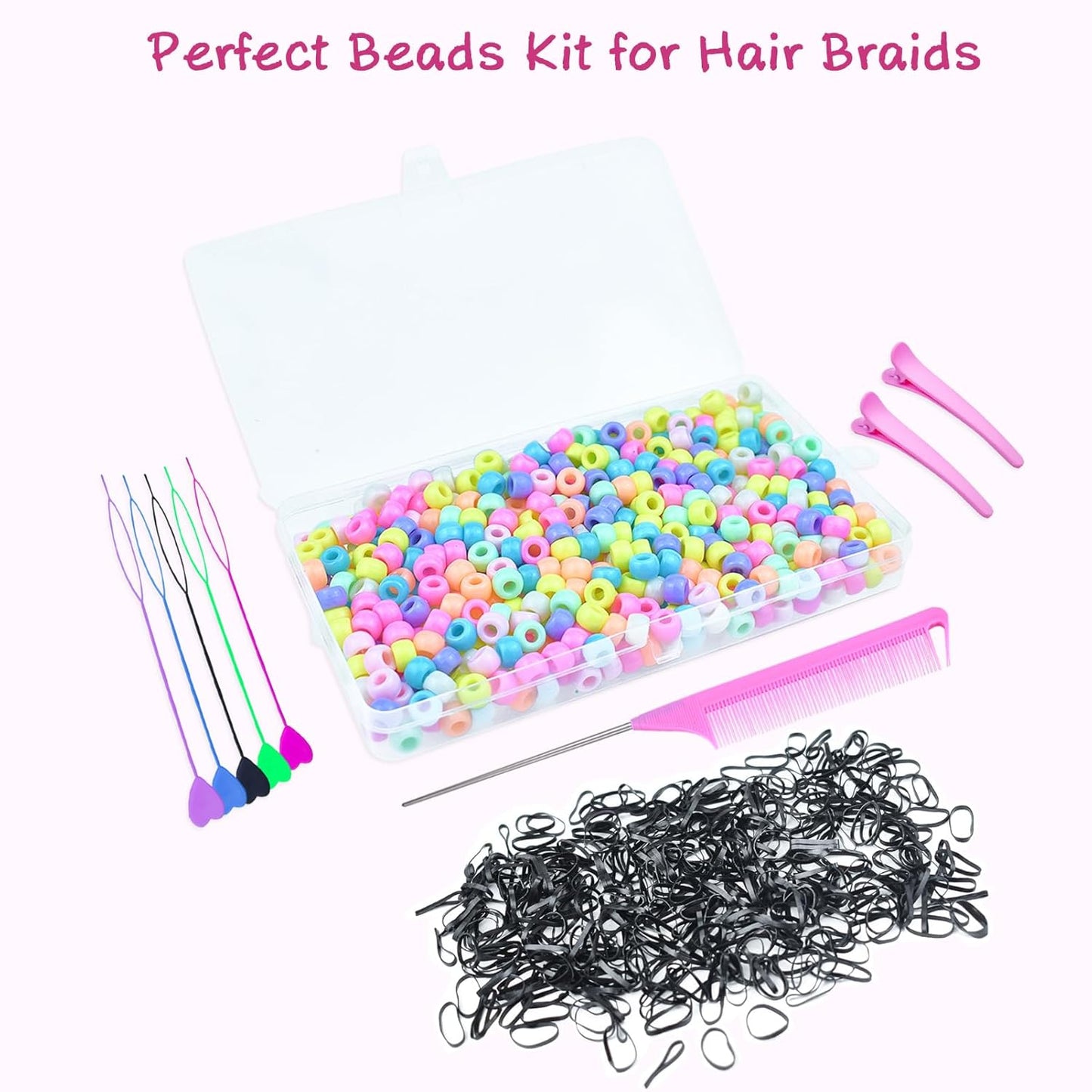 1008 Pcs Hair Beads Set with Hair Styling Tool, 500Pcs Pony Beads, 500Pcs Small Elastic Rubber Bands, 1Pcs Rattail Comb, 2Pcs Duckbill Clips, 5Pcs Quick Beaders for Kids and Girls Hair Braids
