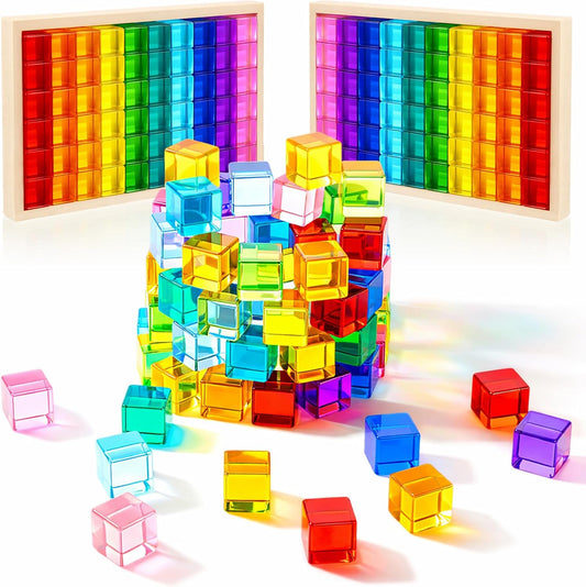 Meooeck 60 Pcs Colored Acrylic Gem Cube Blocks, Translucent Rainbow Building Stacking Cube Educational Sensory Train Toy with Wooden Storage Box for Toddler Kid Montessori School Classroom Supplies