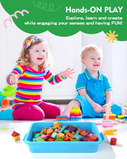 Sensory Bin Sand Tray with Lid for Toddlers 2 Pcs 15in Portable Sandbox Toy Large Plastic Tray for Kids 3 4 5 6 Fill with Sand, Water, Beads, and More (Green+Blue)