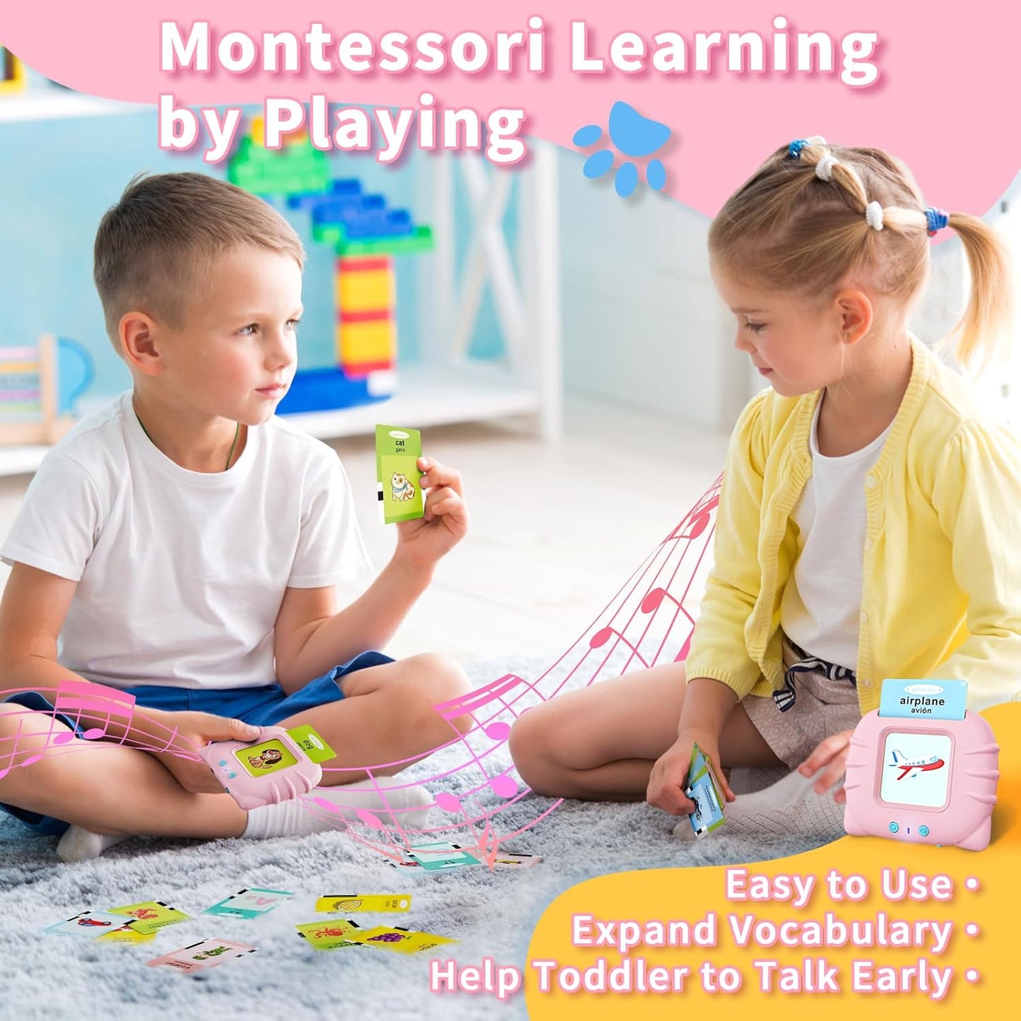 Aullsaty Talking Flash Cards for Toddlers 1-3, Upgraded 248 Sight Words Montessori Speech Therapy Toy, Autism Sensory Educational Learning Toys, Birthday Gifts for Boys Girls (Pink)
