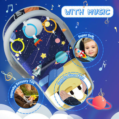 Car Seat Toys for 6-12 Months - Musical Pedal Piano with Baby Mirror, Squeaky Sensory Soft Animal Toys for Rear Facing Carseats