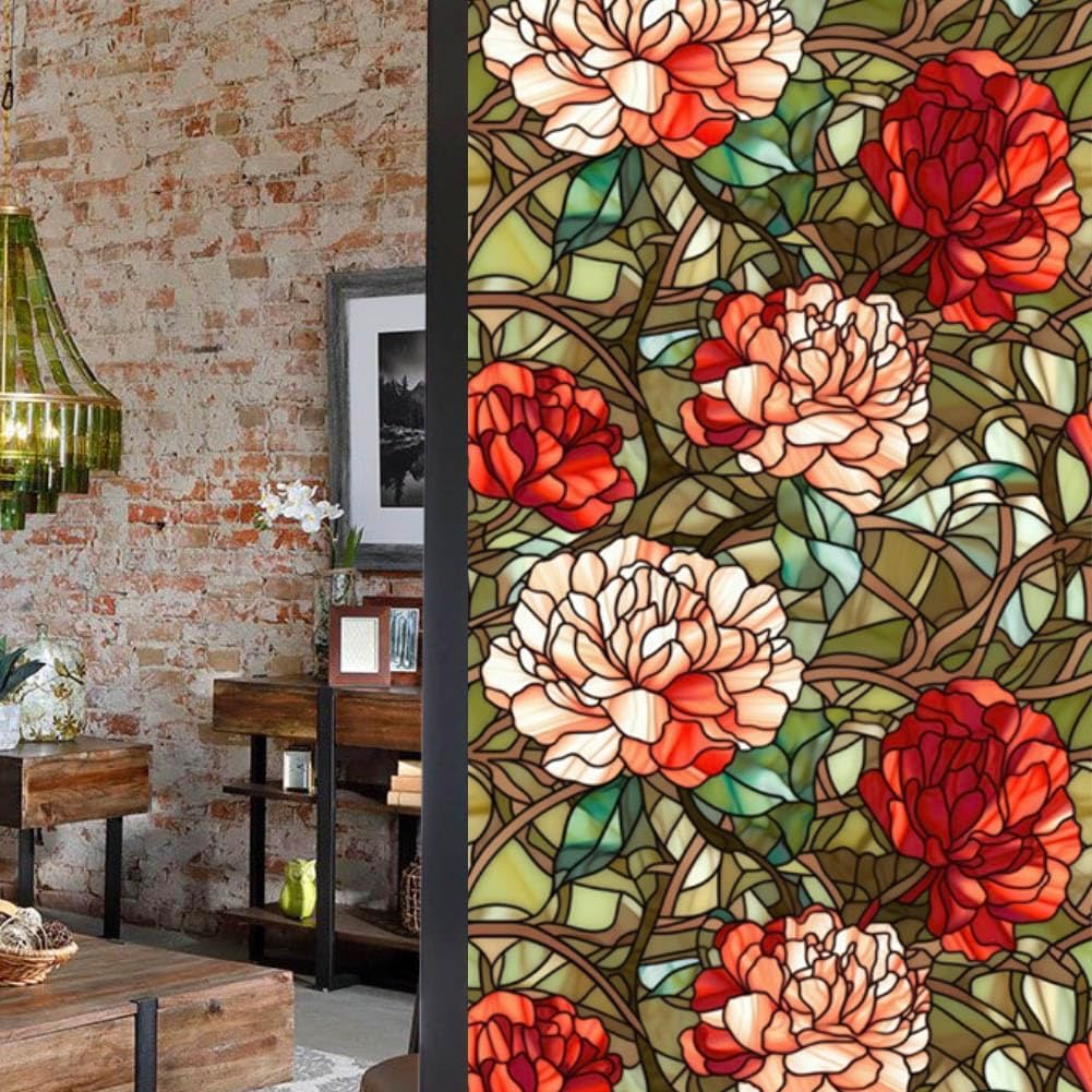 JOONOR Privacy Window Film Stained Glass Window Sticker Non-Adhesive Frosted Glass Film Decorative Magnolia Flower Pattern Static Cling Decals for Home UV Blocking/Heat Insulation 17.7 x 39.4 Inch