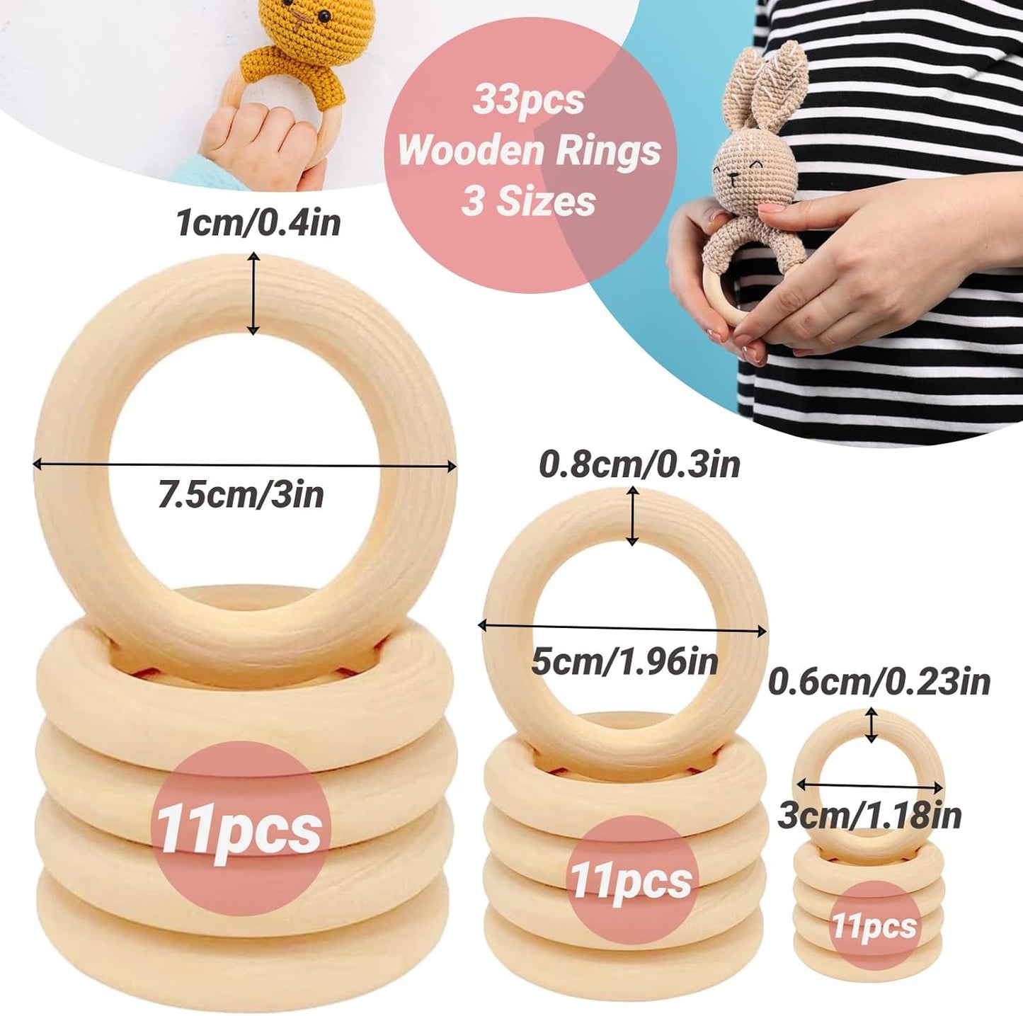 Wooden Rings for Crafts - 33pcs (3 Sizes: 3cm/5cm/7.5cm) - Unfinished Natural Wood Hoops for Macrame, DIY Jewelry, Wreath Making - Smooth & Splinter-Free for Kids & Adults