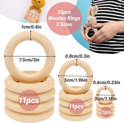 Wooden Rings for Crafts - 33pcs (3 Sizes: 3cm/5cm/7.5cm) - Unfinished Natural Wood Hoops for Macrame, DIY Jewelry, Wreath Making - Smooth & Splinter-Free for Kids & Adults