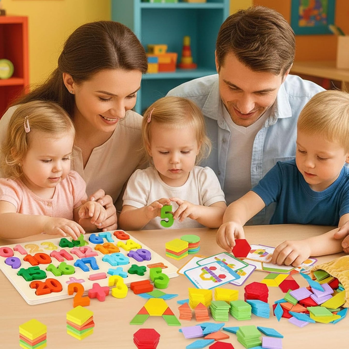 Kids Bundle – 209 PCS Wooden Pattern Blocks with Activity Cards & Bag + Montessori Number Puzzle Set, Preschool Shape Learning Toys for Boys Girls Classroom Gifts